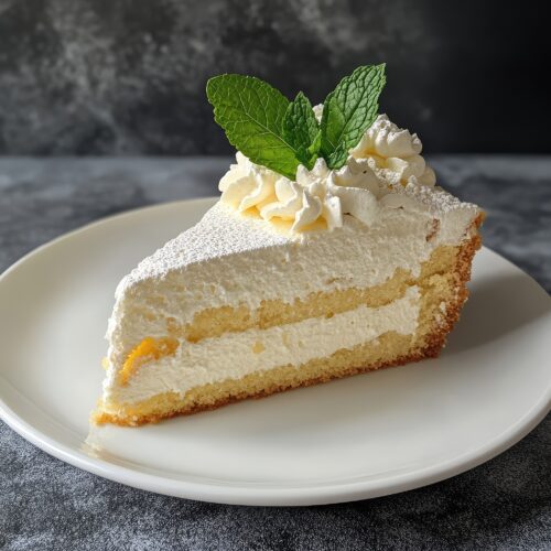 A slice of cake with whipped cream and mint leaves on top. The cake is placed on a white plate --v 6.1 Job ID: 205b4af8-efe2-41cc-b1ea-8fdff05a892d